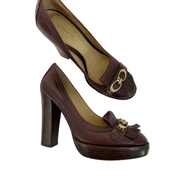Coach Lynne Platform High Heels Size 6B Brown Leather Gold Hardware Pumps 7309 - Picture 1 of 16